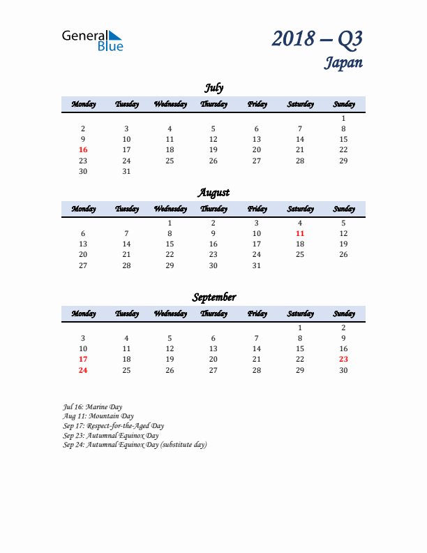 July, August, and September Calendar for Japan with Monday Start