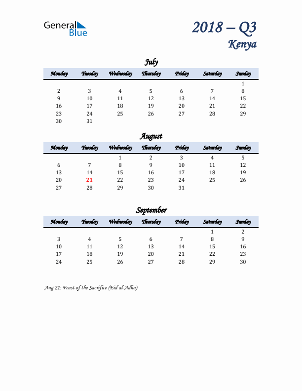 July, August, and September Calendar for Kenya with Monday Start