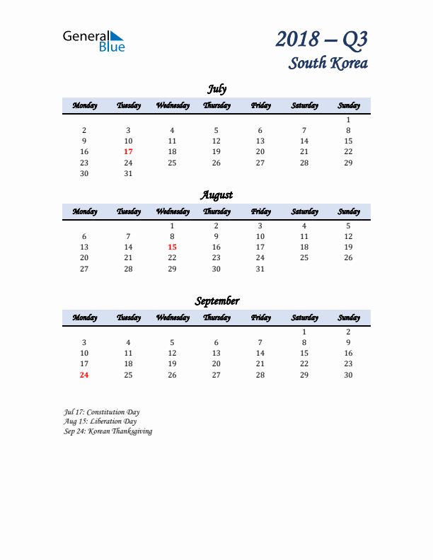 July, August, and September Calendar for South Korea with Monday Start