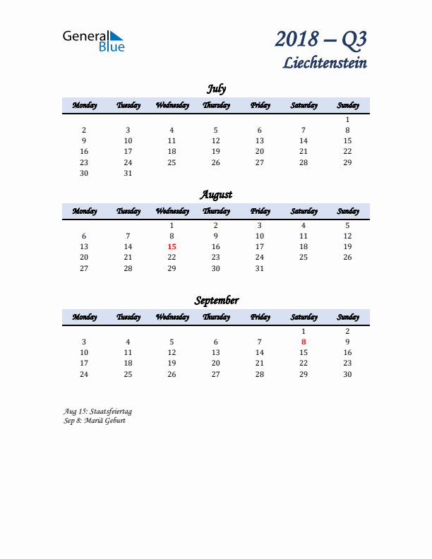 July, August, and September Calendar for Liechtenstein with Monday Start