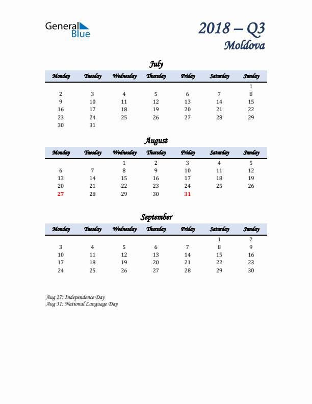 July, August, and September Calendar for Moldova with Monday Start