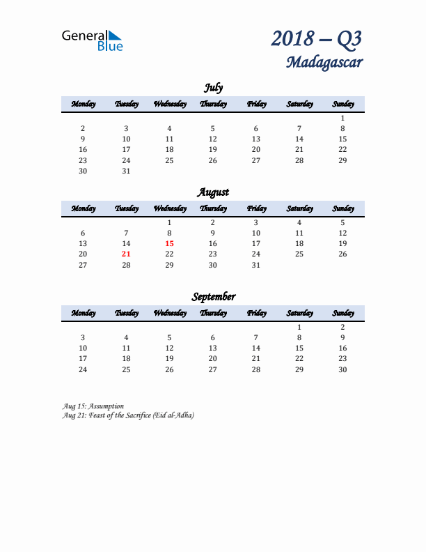 July, August, and September Calendar for Madagascar with Monday Start