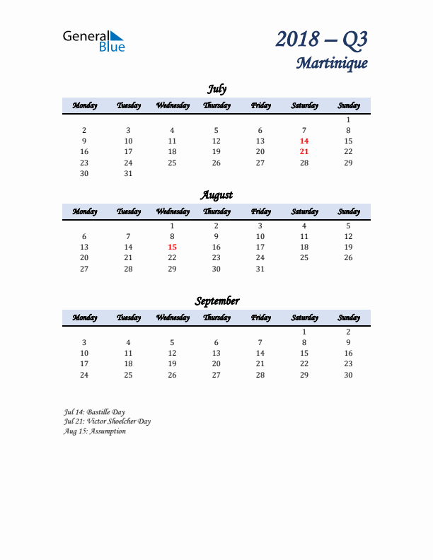 July, August, and September Calendar for Martinique with Monday Start