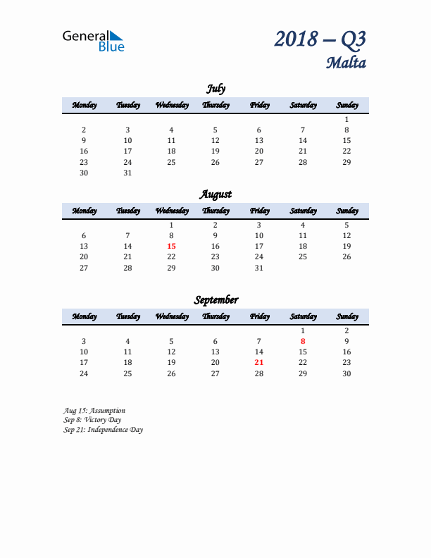 July, August, and September Calendar for Malta with Monday Start