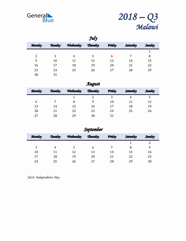 July, August, and September Calendar for Malawi with Monday Start