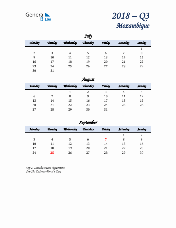 July, August, and September Calendar for Mozambique with Monday Start