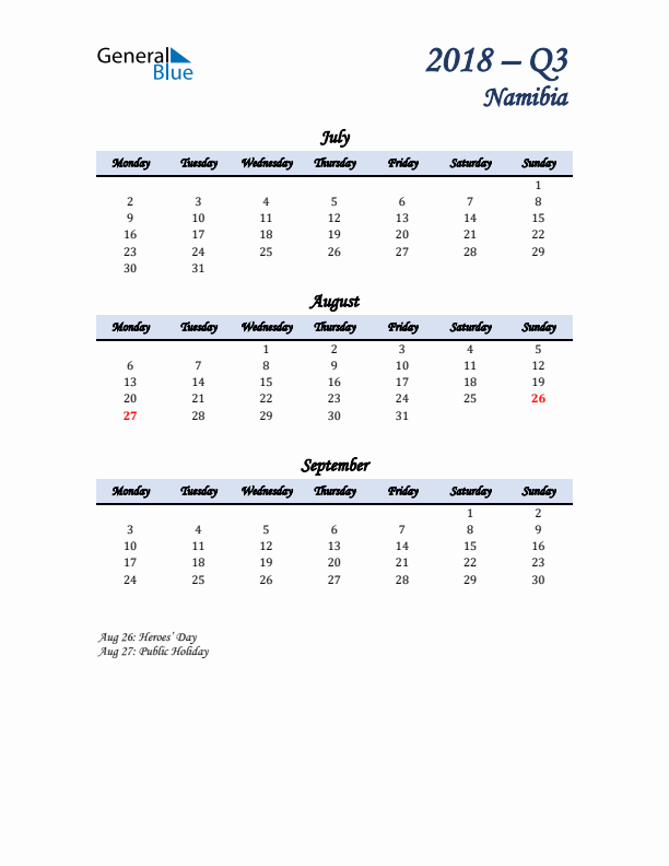 July, August, and September Calendar for Namibia with Monday Start