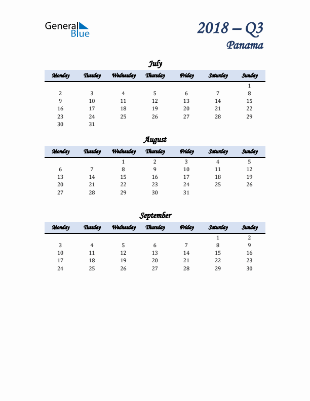 July, August, and September Calendar for Panama with Monday Start