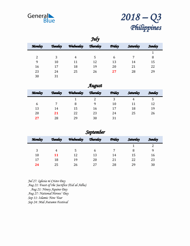 July, August, and September Calendar for Philippines with Monday Start