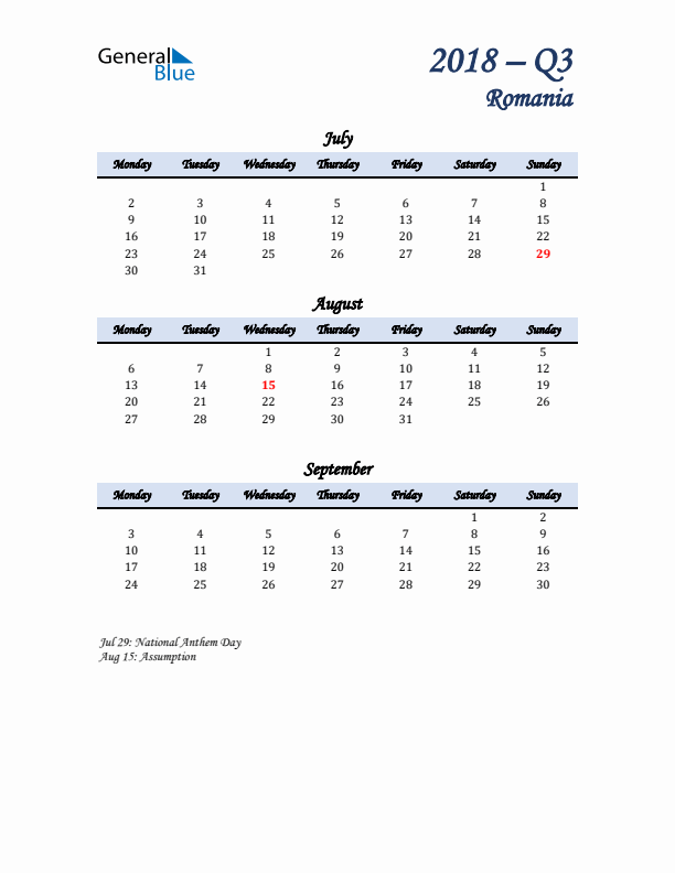 July, August, and September Calendar for Romania with Monday Start