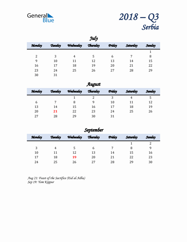 July, August, and September Calendar for Serbia with Monday Start