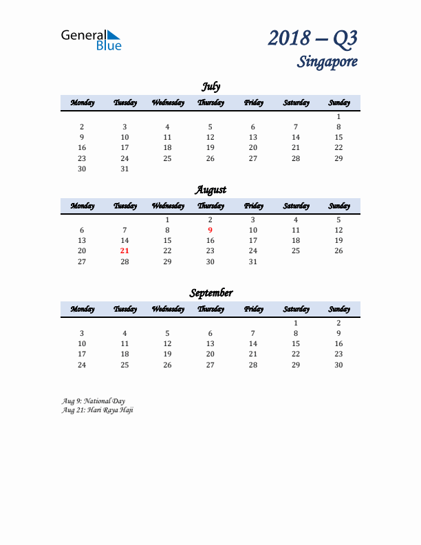 July, August, and September Calendar for Singapore with Monday Start