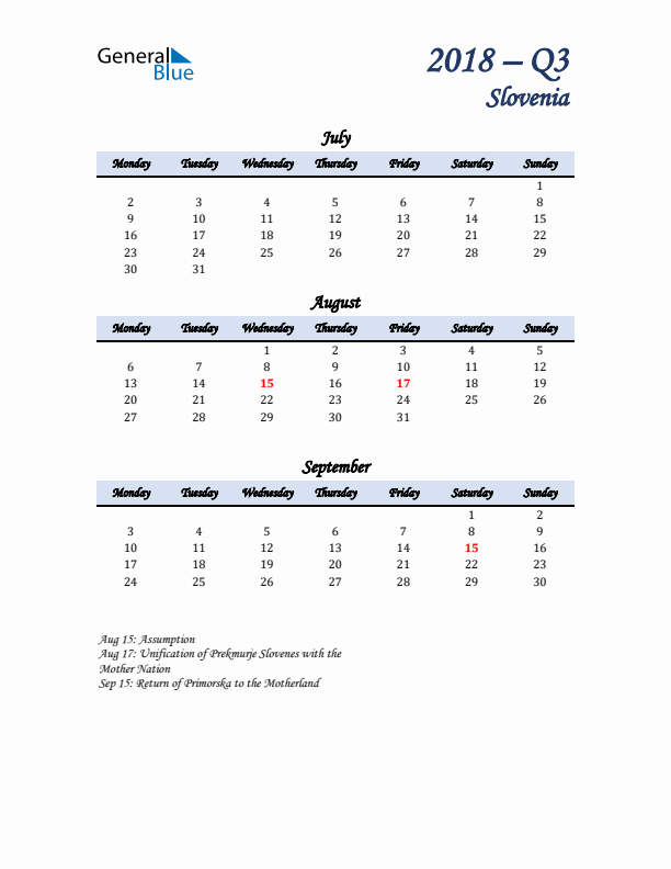 July, August, and September Calendar for Slovenia with Monday Start