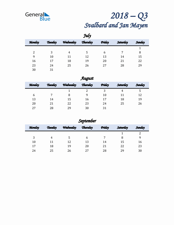 July, August, and September Calendar for Svalbard and Jan Mayen with Monday Start