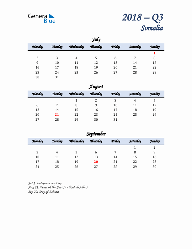 July, August, and September Calendar for Somalia with Monday Start