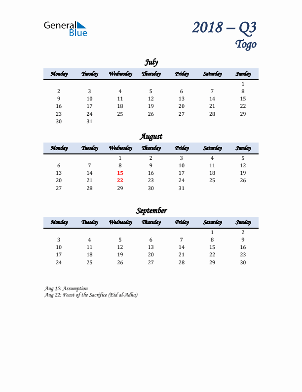 July, August, and September Calendar for Togo with Monday Start