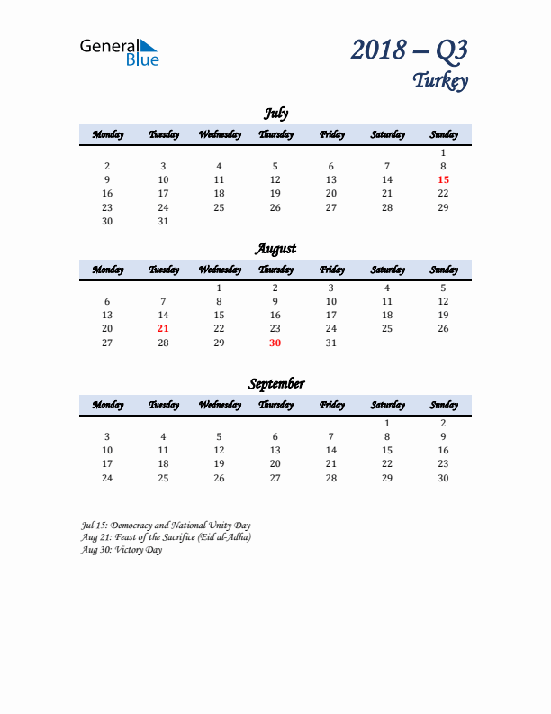 July, August, and September Calendar for Turkey with Monday Start