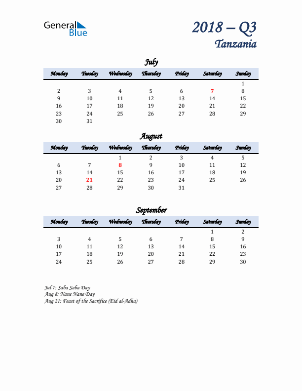 July, August, and September Calendar for Tanzania with Monday Start