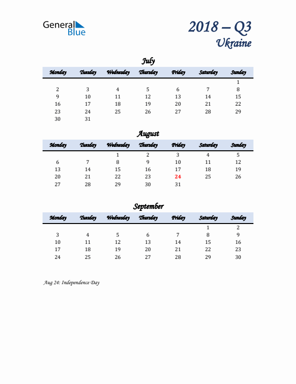 July, August, and September Calendar for Ukraine with Monday Start