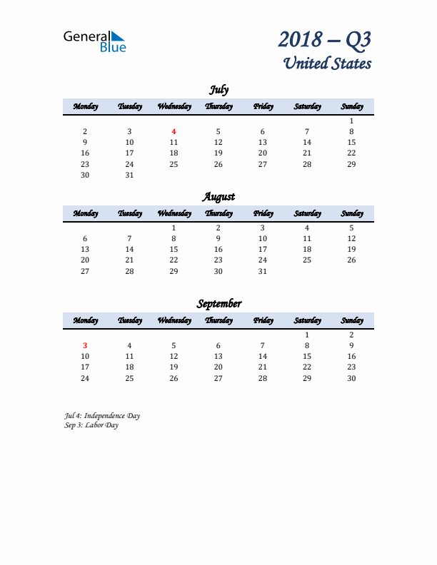 July, August, and September Calendar for United States with Monday Start