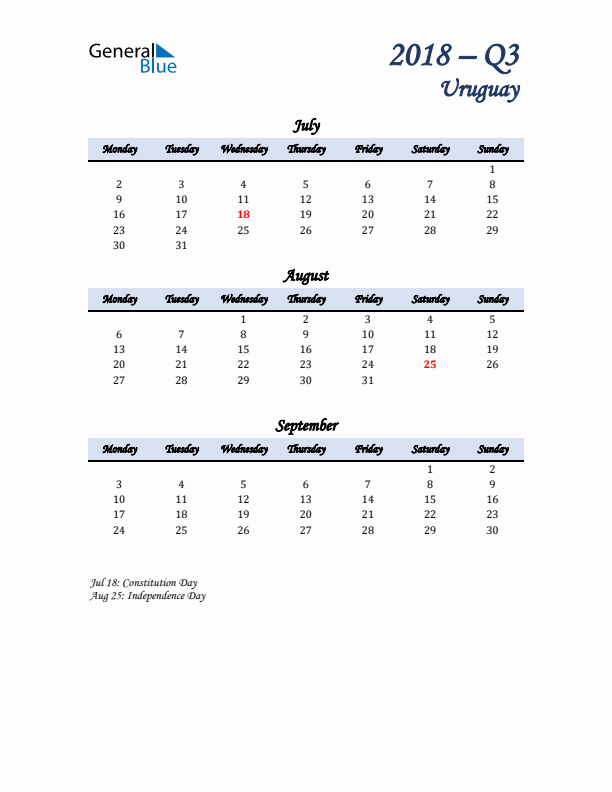 July, August, and September Calendar for Uruguay with Monday Start