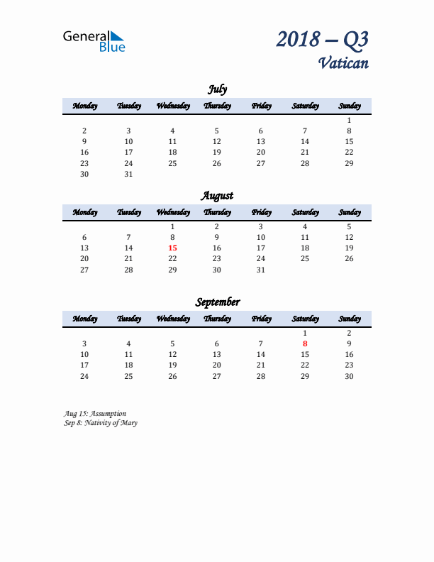 July, August, and September Calendar for Vatican with Monday Start