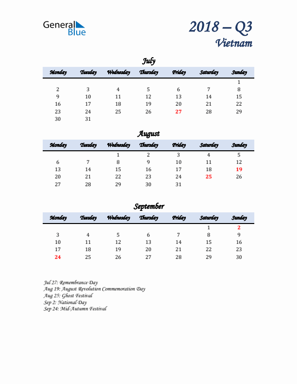 July, August, and September Calendar for Vietnam with Monday Start