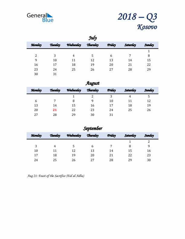 July, August, and September Calendar for Kosovo with Monday Start