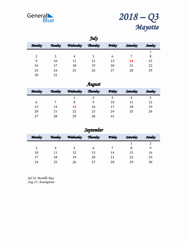 July, August, and September Calendar for Mayotte with Monday Start