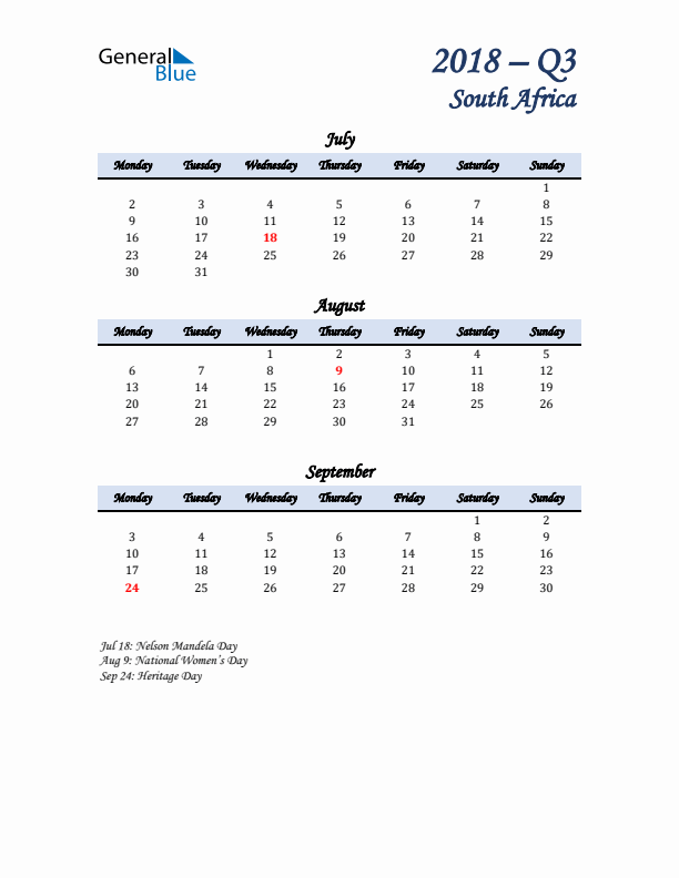 July, August, and September Calendar for South Africa with Monday Start