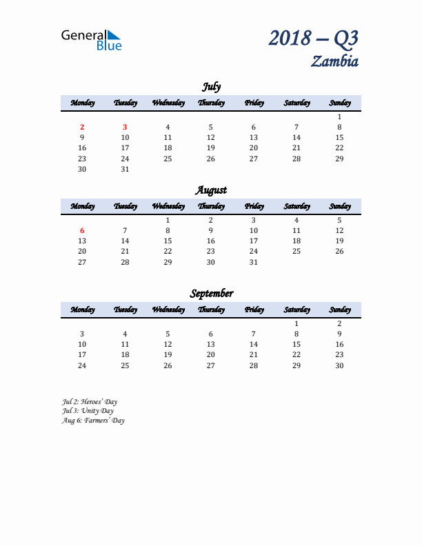 July, August, and September Calendar for Zambia with Monday Start