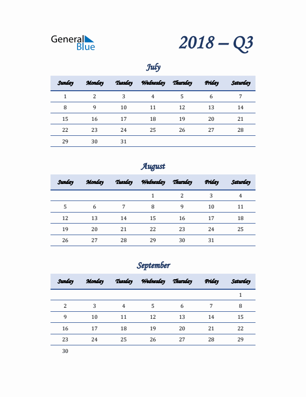 Sunday Start 2018 Quarterly Calendar