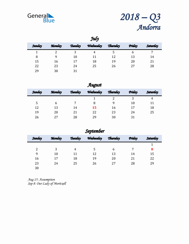 July, August, and September Calendar for Andorra with Sunday Start