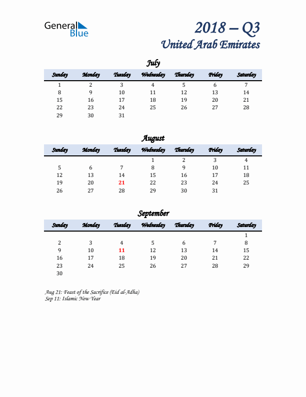 July, August, and September Calendar for United Arab Emirates with Sunday Start