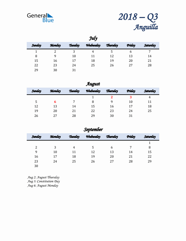 July, August, and September Calendar for Anguilla with Sunday Start