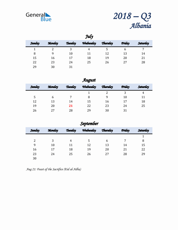 July, August, and September Calendar for Albania with Sunday Start