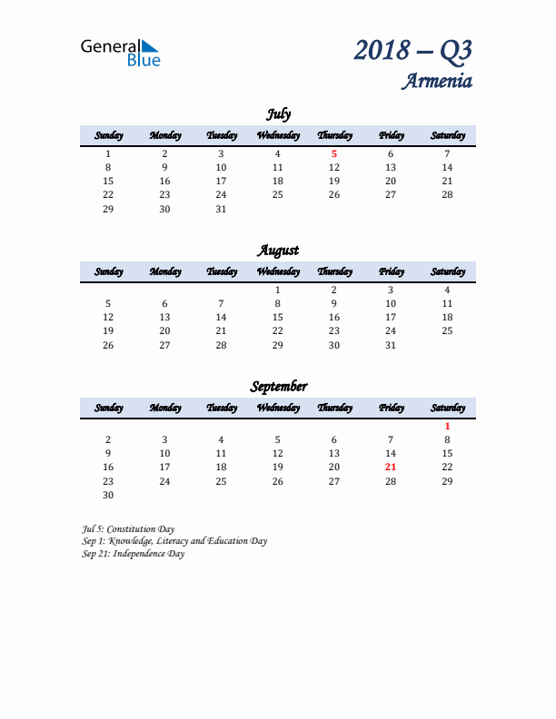 July, August, and September Calendar for Armenia with Sunday Start