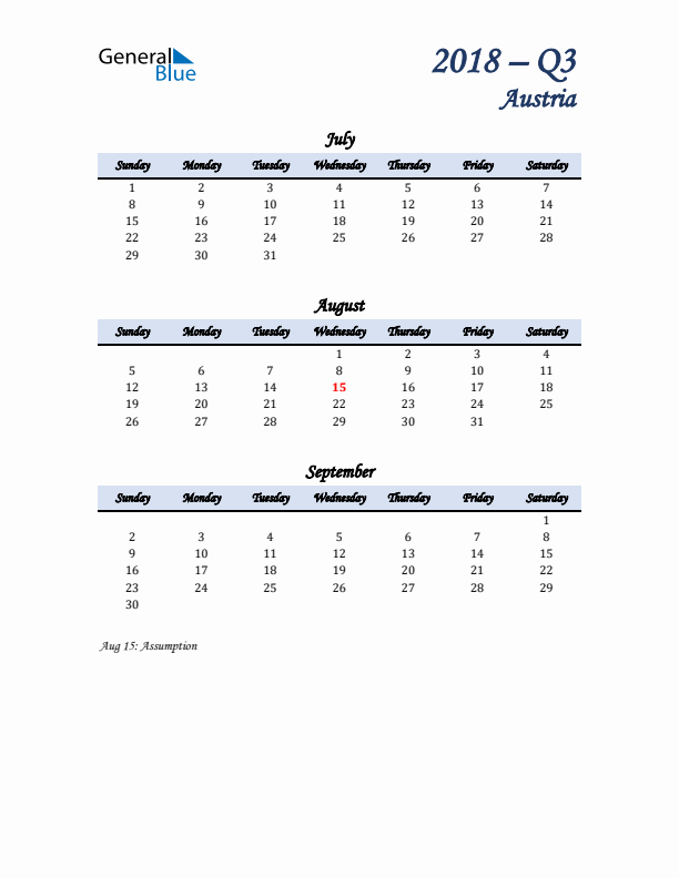 July, August, and September Calendar for Austria with Sunday Start