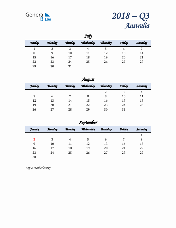 July, August, and September Calendar for Australia with Sunday Start