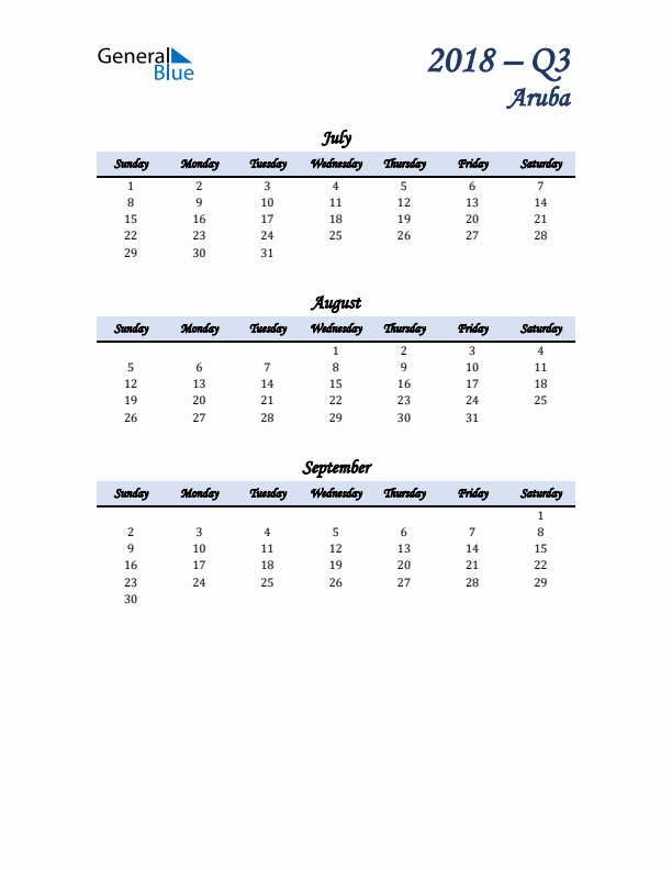 July, August, and September Calendar for Aruba with Sunday Start