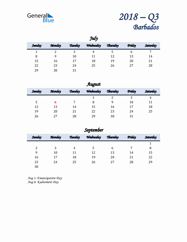 July, August, and September Calendar for Barbados with Sunday Start