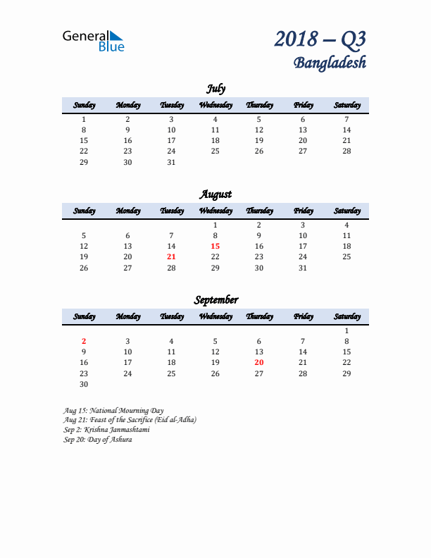 July, August, and September Calendar for Bangladesh with Sunday Start