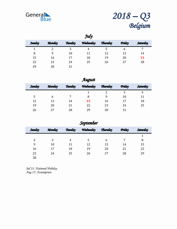 July, August, and September Calendar for Belgium with Sunday Start