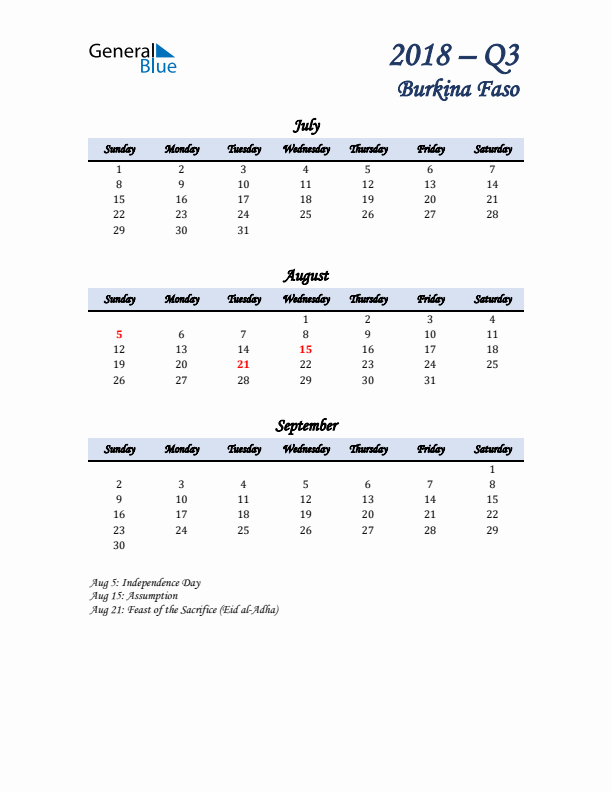 July, August, and September Calendar for Burkina Faso with Sunday Start