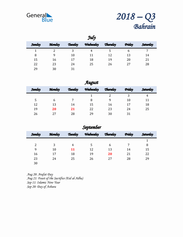 July, August, and September Calendar for Bahrain with Sunday Start