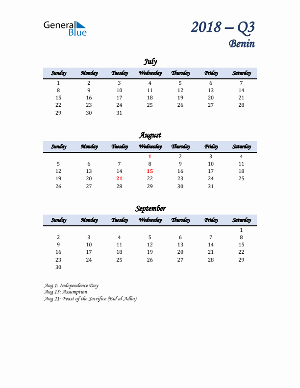 July, August, and September Calendar for Benin with Sunday Start