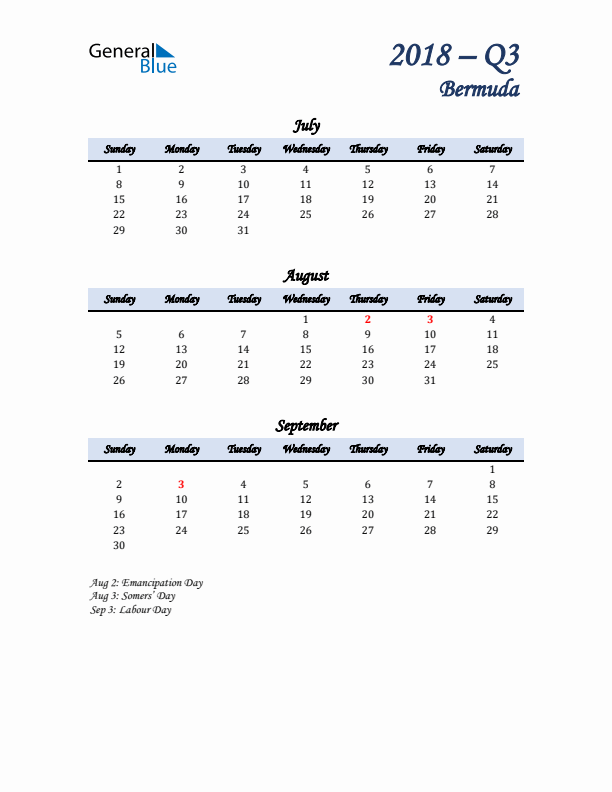 July, August, and September Calendar for Bermuda with Sunday Start