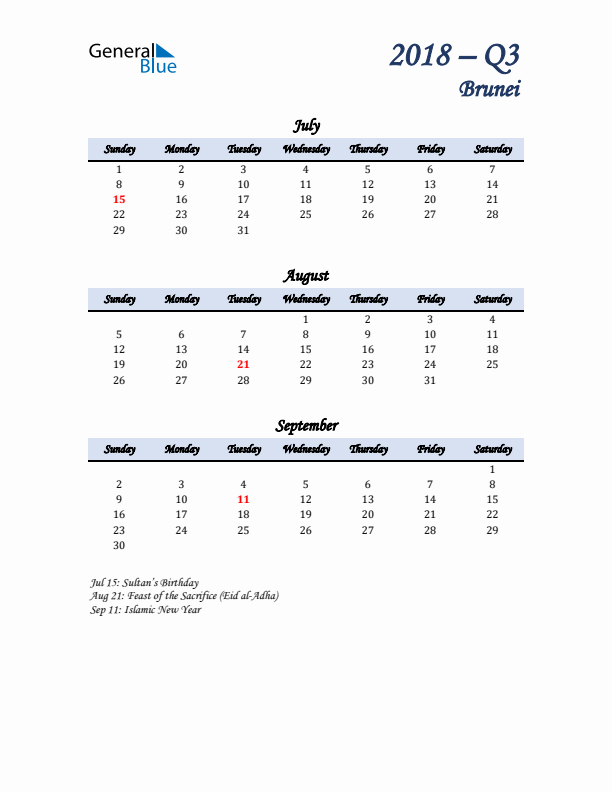 July, August, and September Calendar for Brunei with Sunday Start