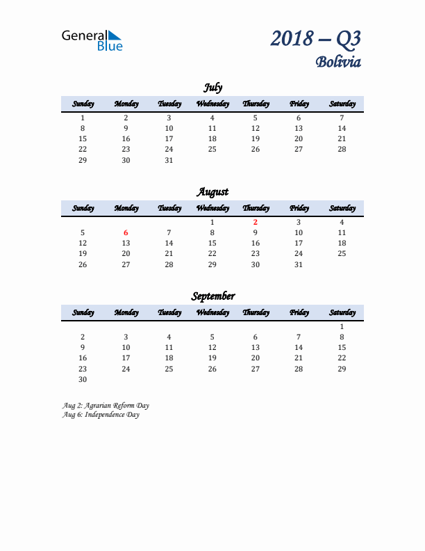 July, August, and September Calendar for Bolivia with Sunday Start