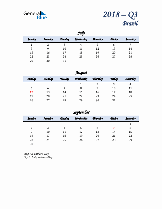 July, August, and September Calendar for Brazil with Sunday Start